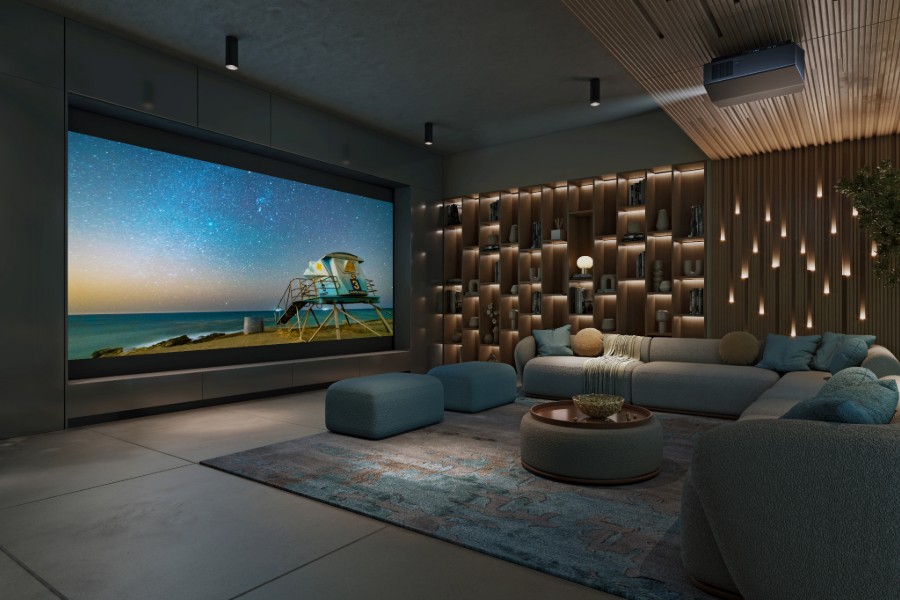 A modern home theater system with a spacious screen.